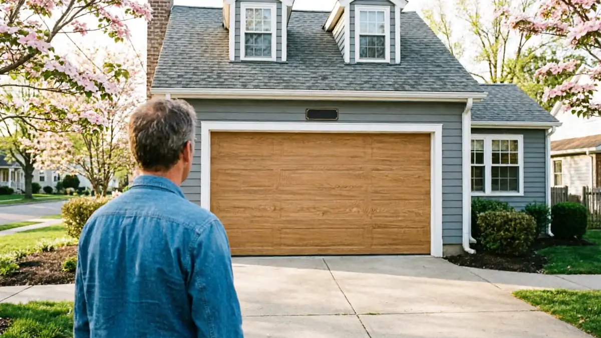 A man stands in a driveway looking at a wooden garage door on a gray house.
