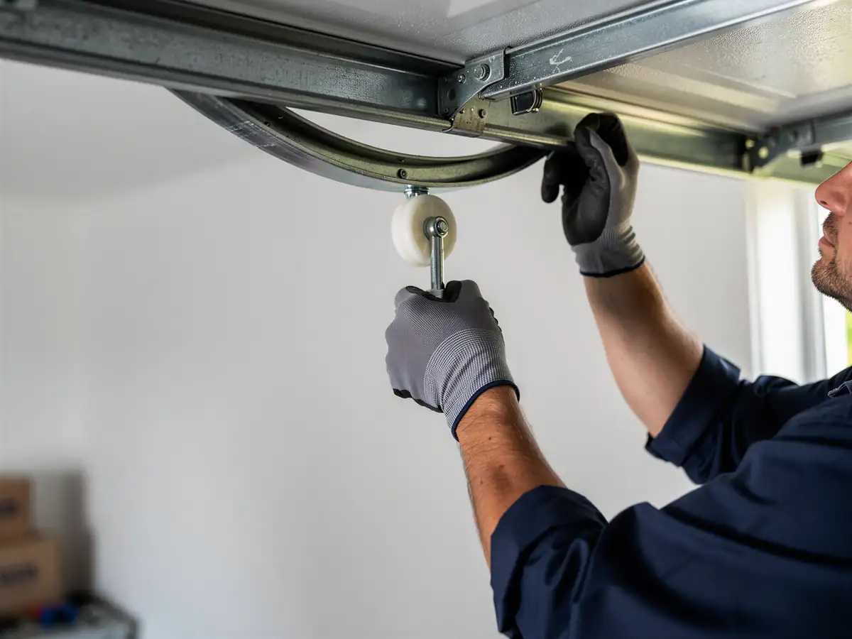 A technician in gloves adjusts a garage door roller and track.